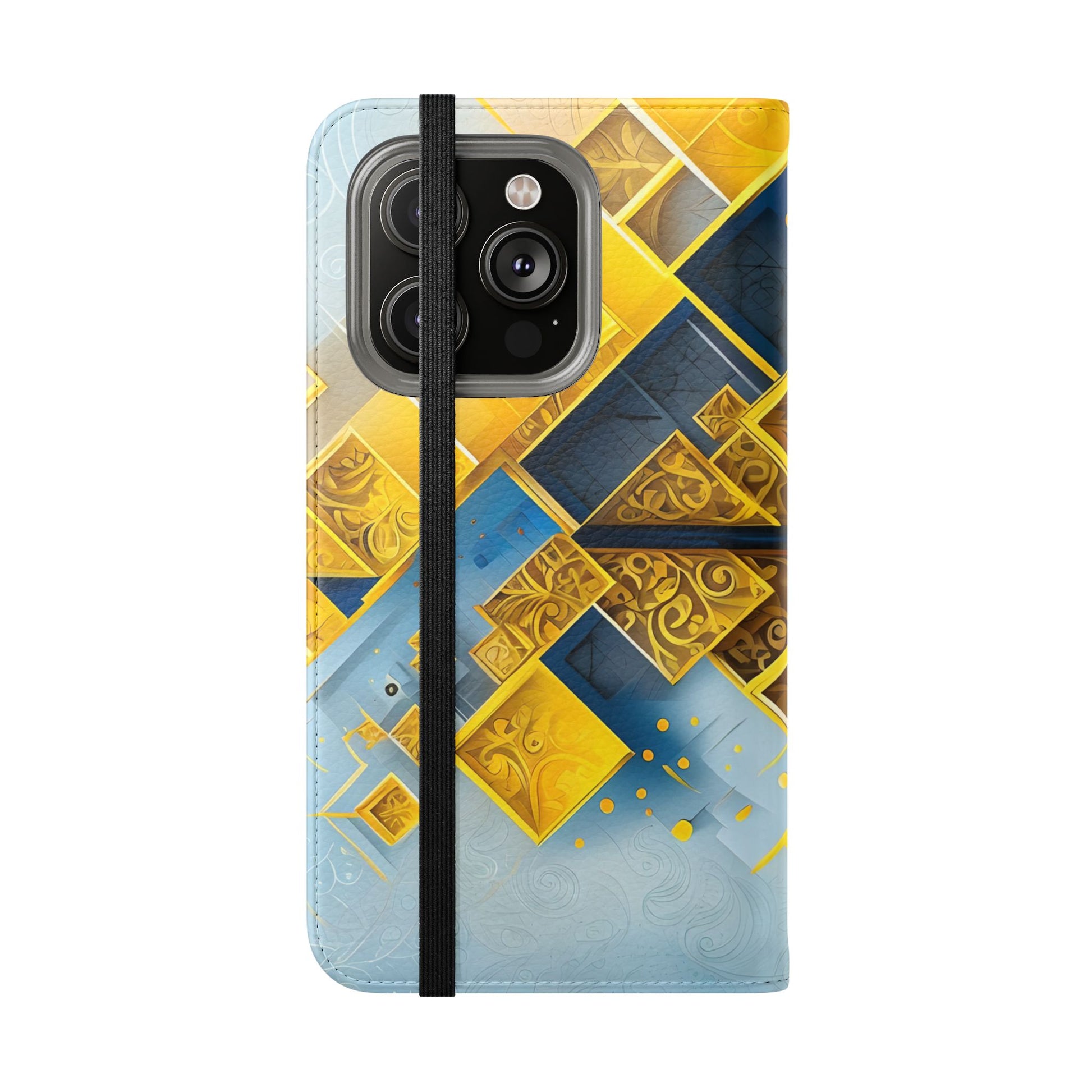 Golden Ascent Wallet Phone Case - Abstract Yellow & Blue Flip Cover for iPhone 14 Pro
