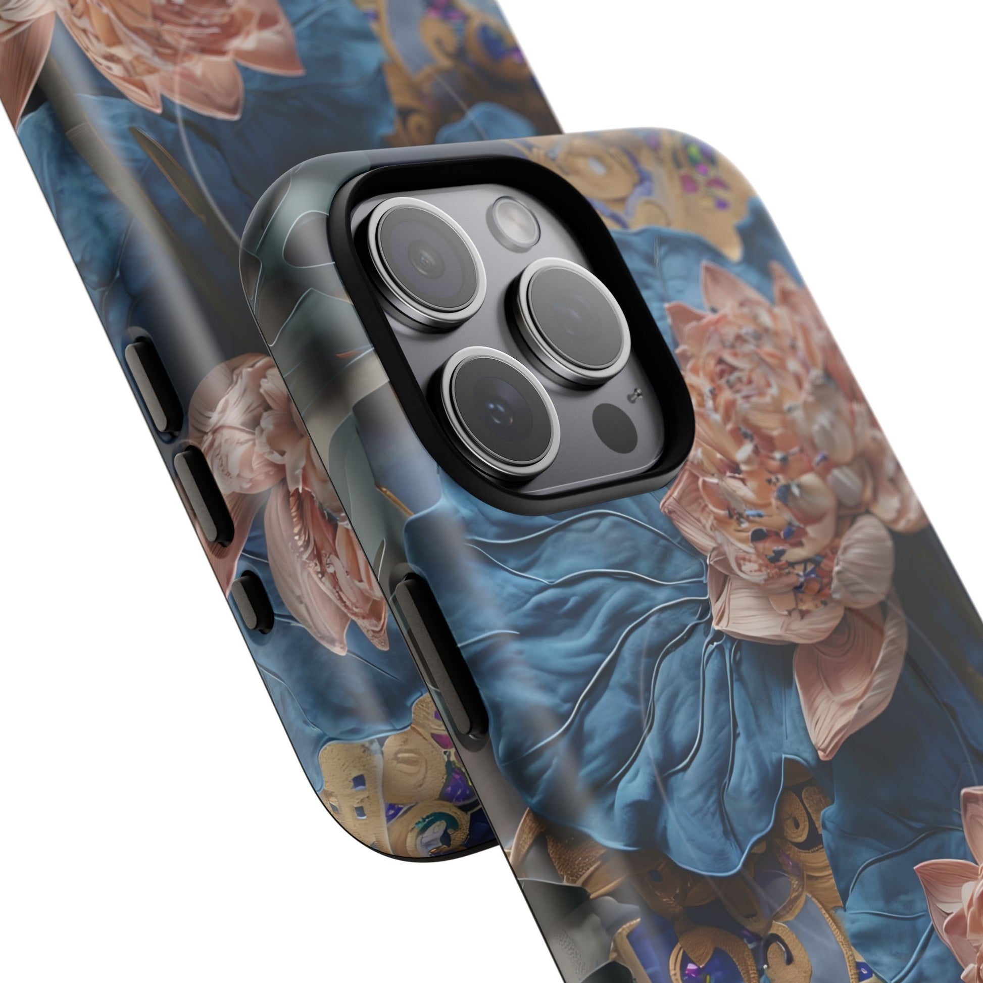 Peony Midnight Tapestry - iPhone 15 Pro Max - MagSafe Compatible - Elegant Blue & Blush Artful Phone Cover