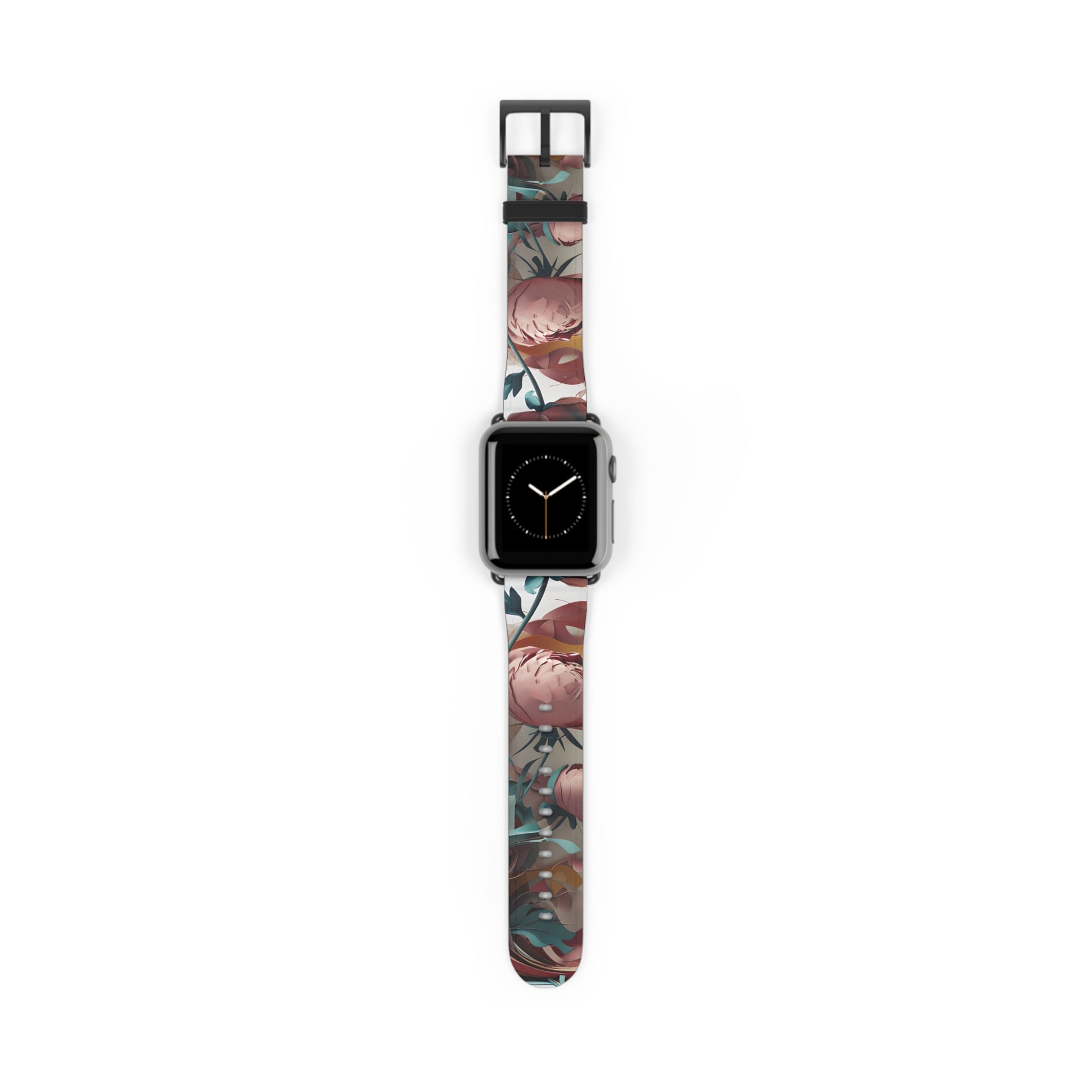 Blushing Peony Veil Apple Watch band with watch face featuring soft pink peony flowers with elegant botanical artwork