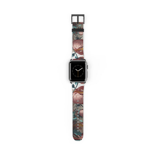 Blushing Peony Veil Apple Watch band with watch face featuring soft pink peony flowers with elegant botanical artwork