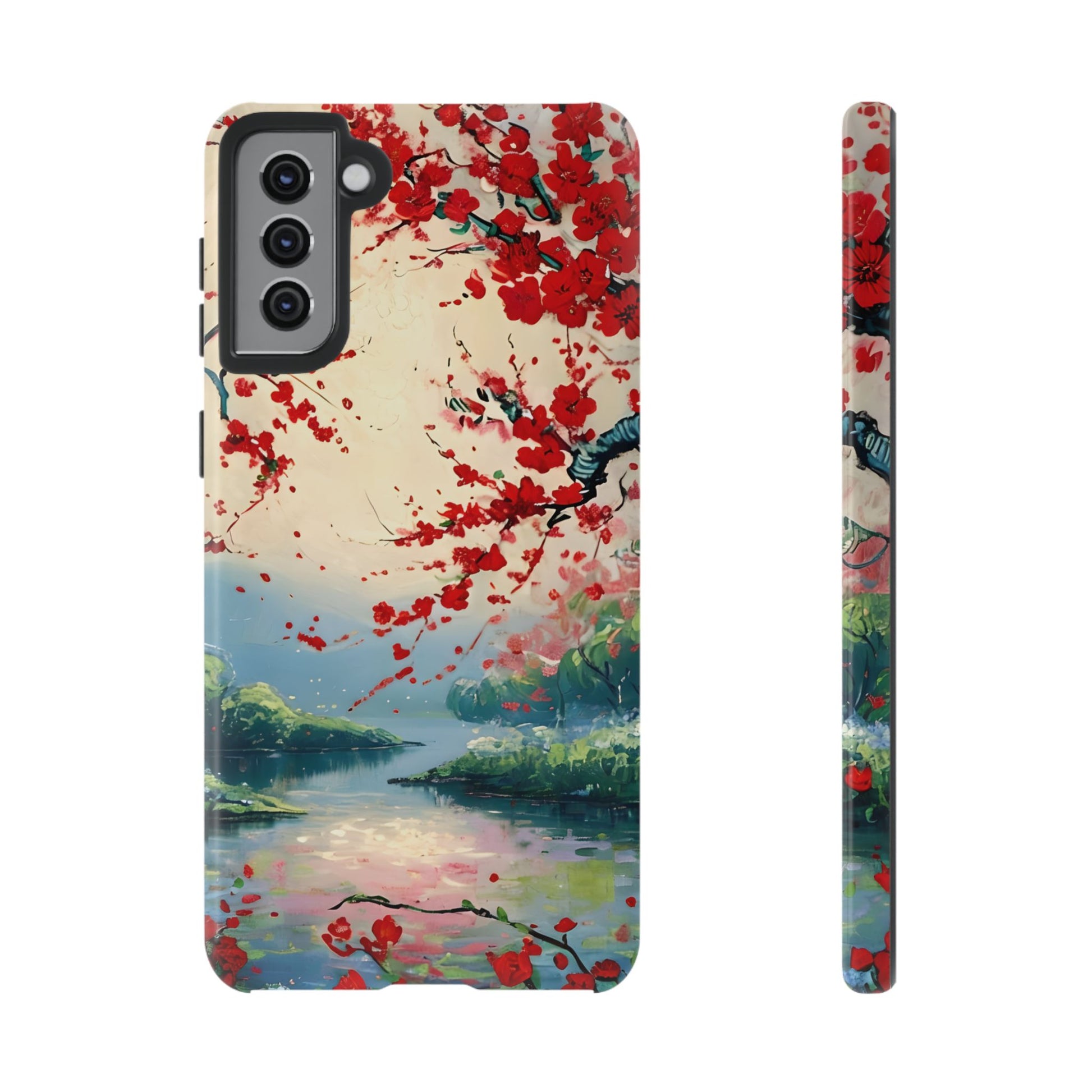 Crimson Blossom Lake - Artistic Floral Landscape Samsung Galaxy S21 Plus Tough Phone Case - Red Cherry Blossoms & Serene Lake Design