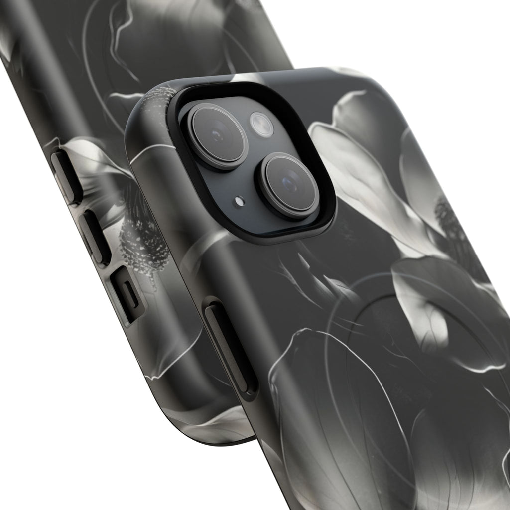 Monochrome Magnolia - Elegant Black & White Floral iPhone 15 MagSafe Phone Case - Artistic Magnolia Design