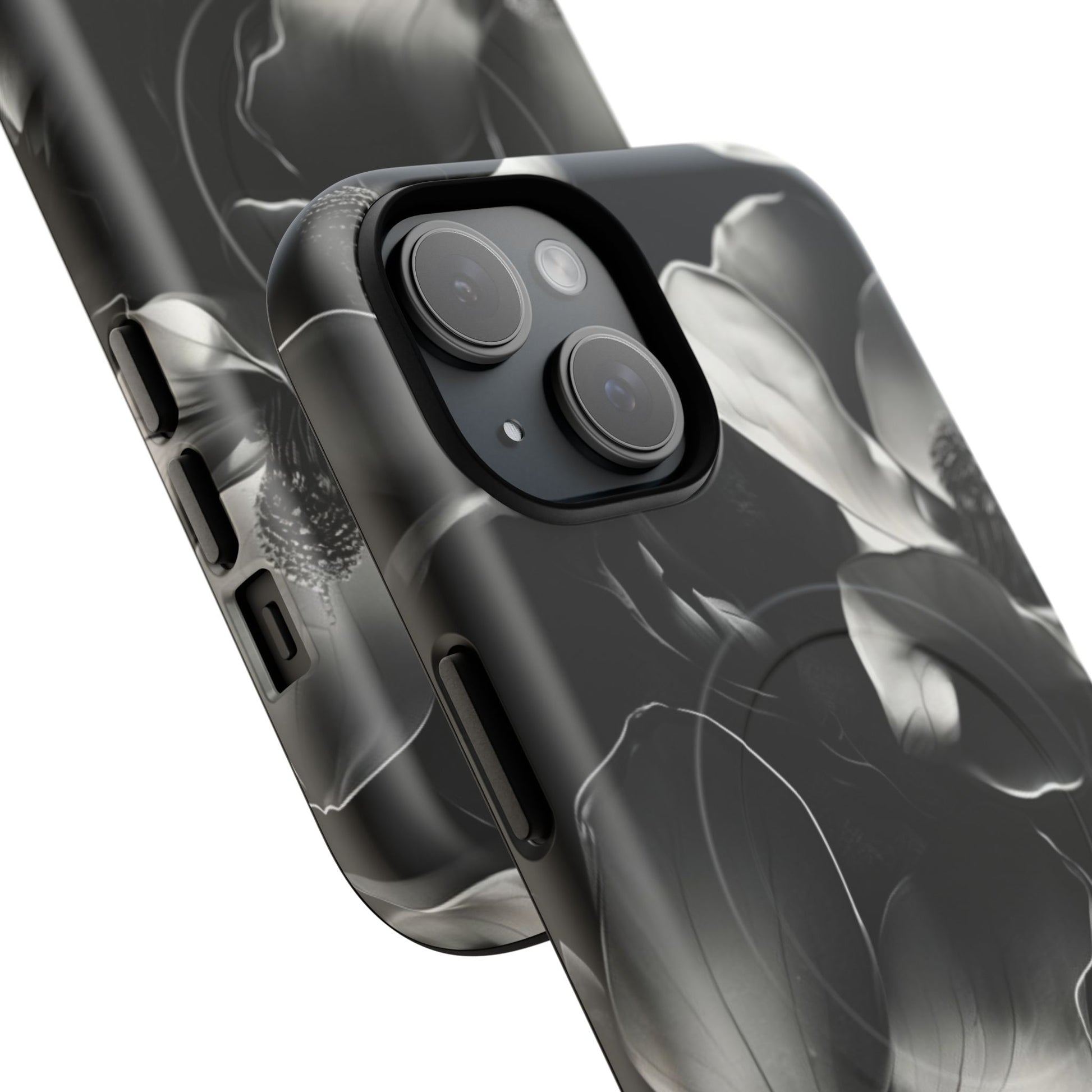 Monochrome Magnolia - Elegant Black & White Floral iPhone 15 MagSafe Phone Case - Artistic Magnolia Design