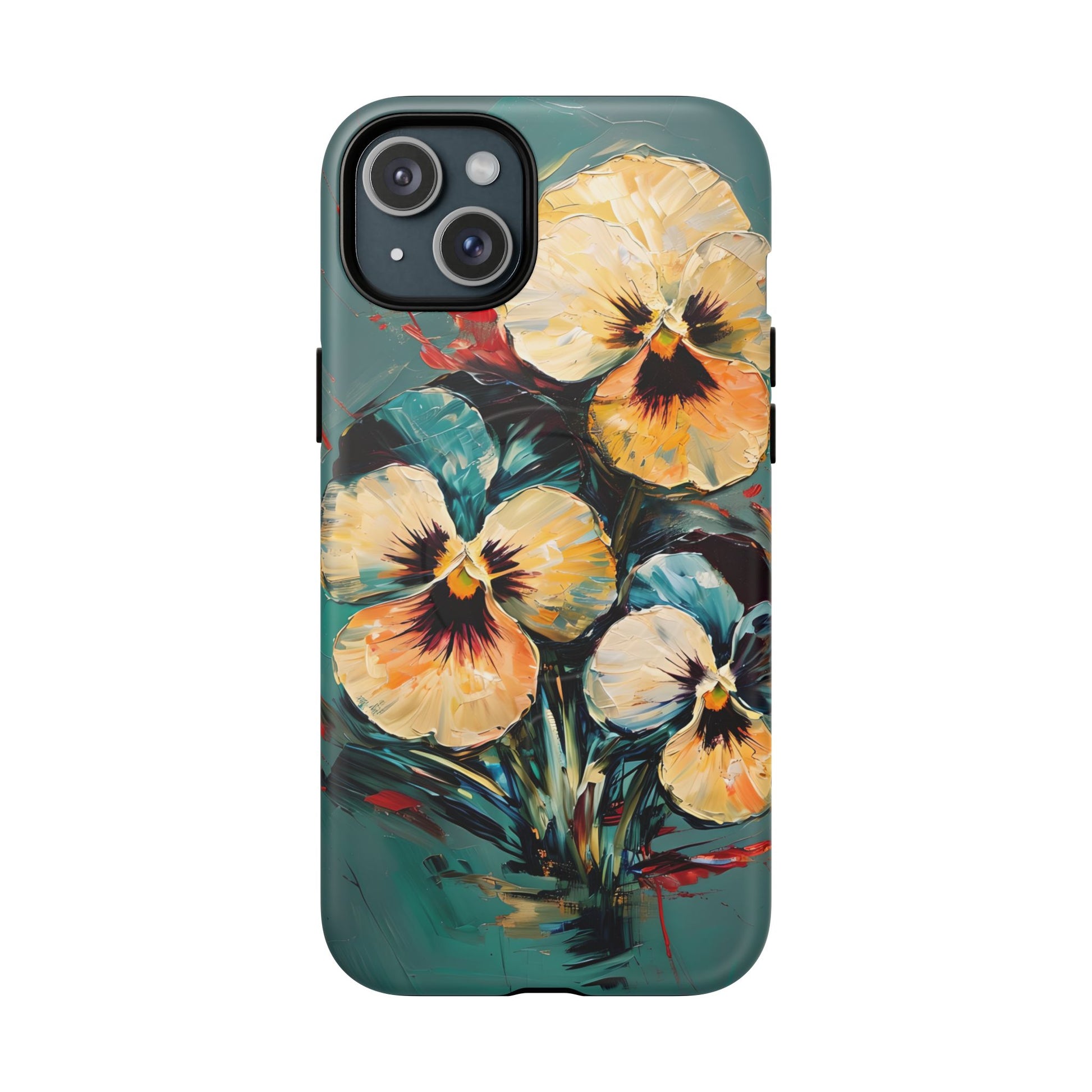 Golden Pansy Cascade - Elegant Floral iPhone 15 Plus MagSafe Case with Deep Teal Background