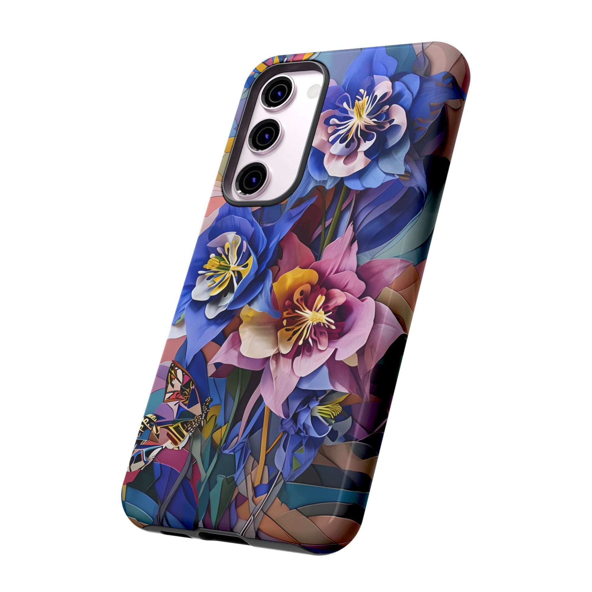 Blue Columbine Carnivale - Artistic Floral & Butterfly Samsung S23 Plus Tough Phone Case - Vibrant Botanical Design