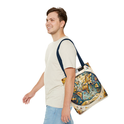 Celestial Map Tote (16x16 & 18x18)- Vintage Star Chart and Antique Globe Design on Navy-Handled Canvas, Reusable & Eco-Friendly