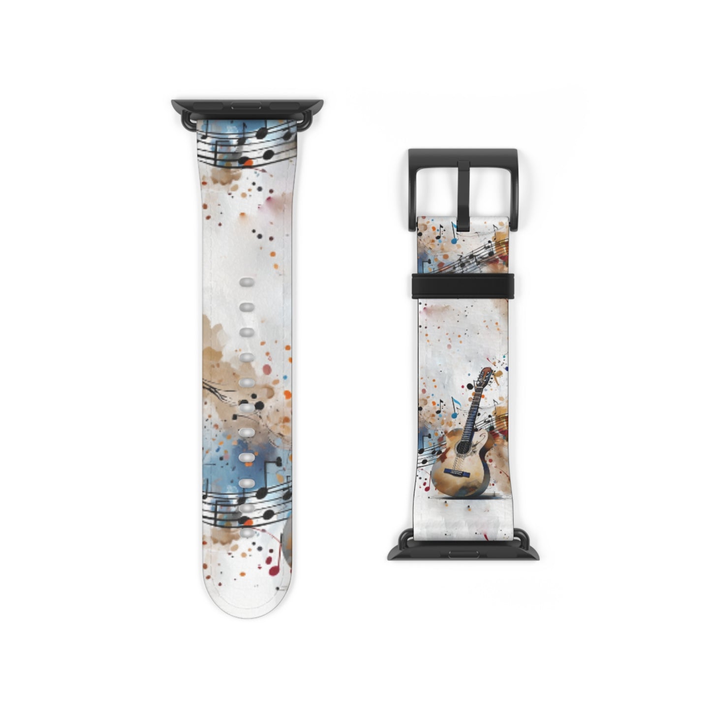 Strum and Flow Apple Watch band strap with black clasp displaying guitar and musical notes pattern