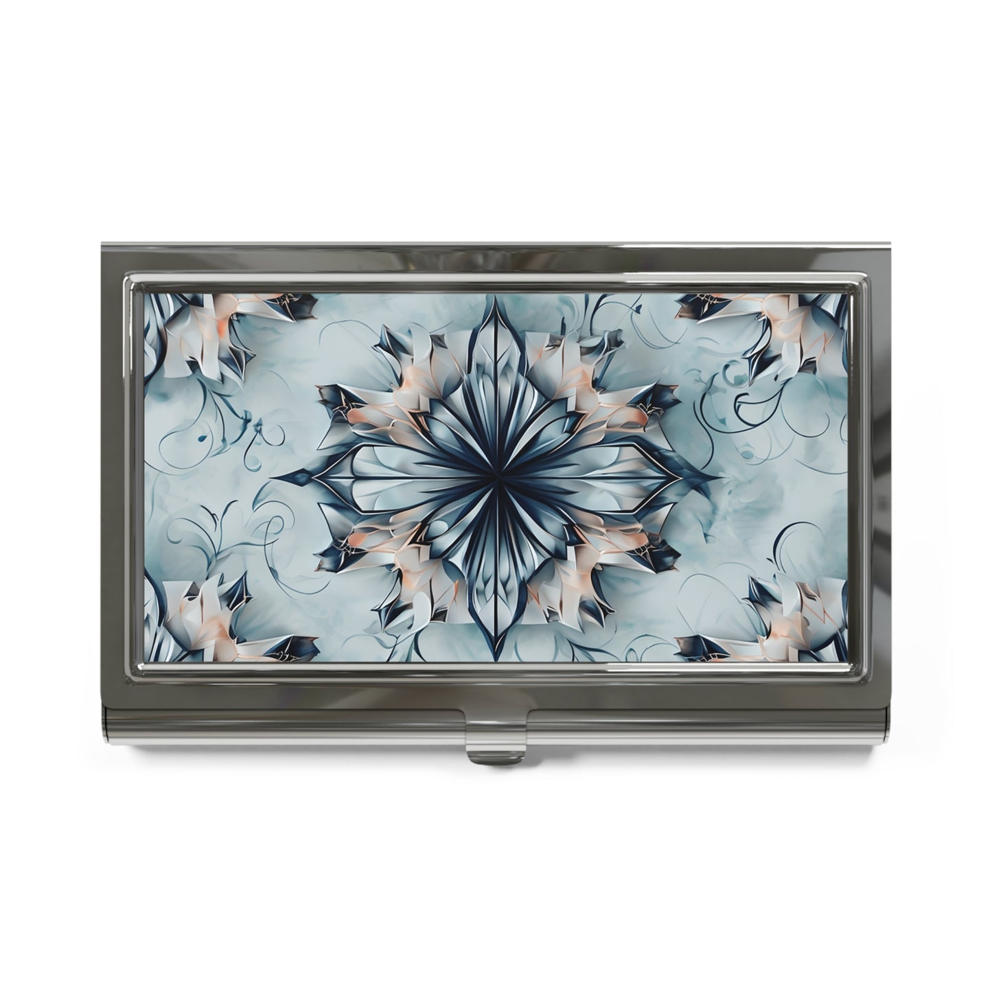 Indigo Mirage blue kaleidoscope floral pattern business card holder closed top view