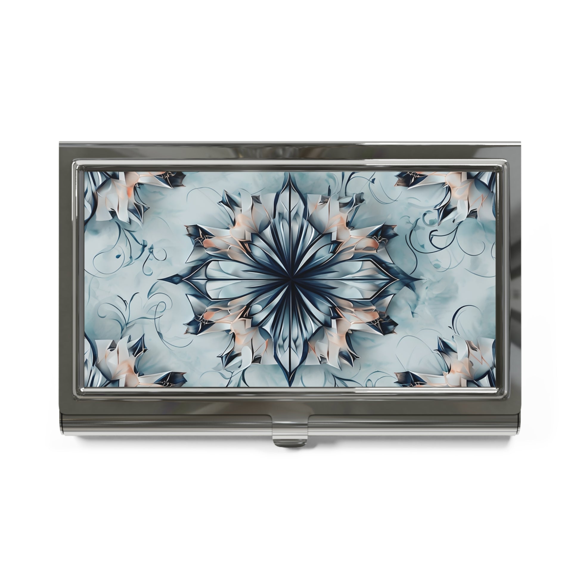 Indigo Mirage blue kaleidoscope floral pattern business card holder closed top view