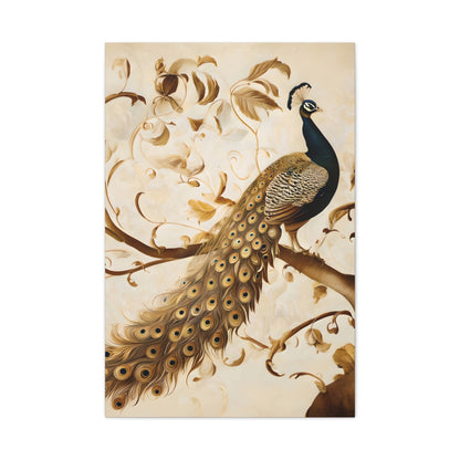 Golden Plumage wall art canvas featuring an elegant peacock with golden feathers perched among decorative branches