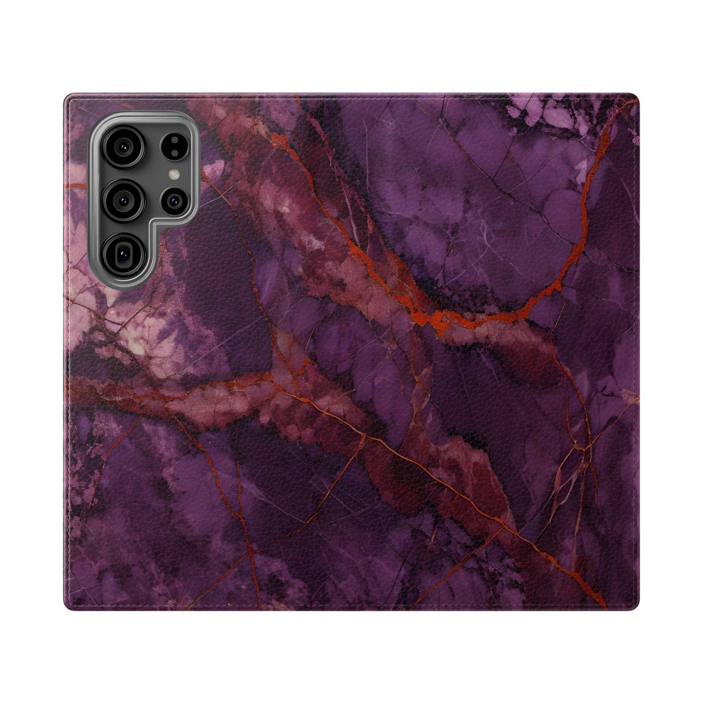 Amethyst Current Samsung Galaxy wallet flip phone case with purple marble design and deep red veining inspired by amethyst stone