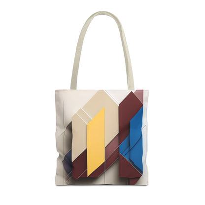 Chromatic Construct canvas tote bag featuring bold geometric color-block design with light beige handles
