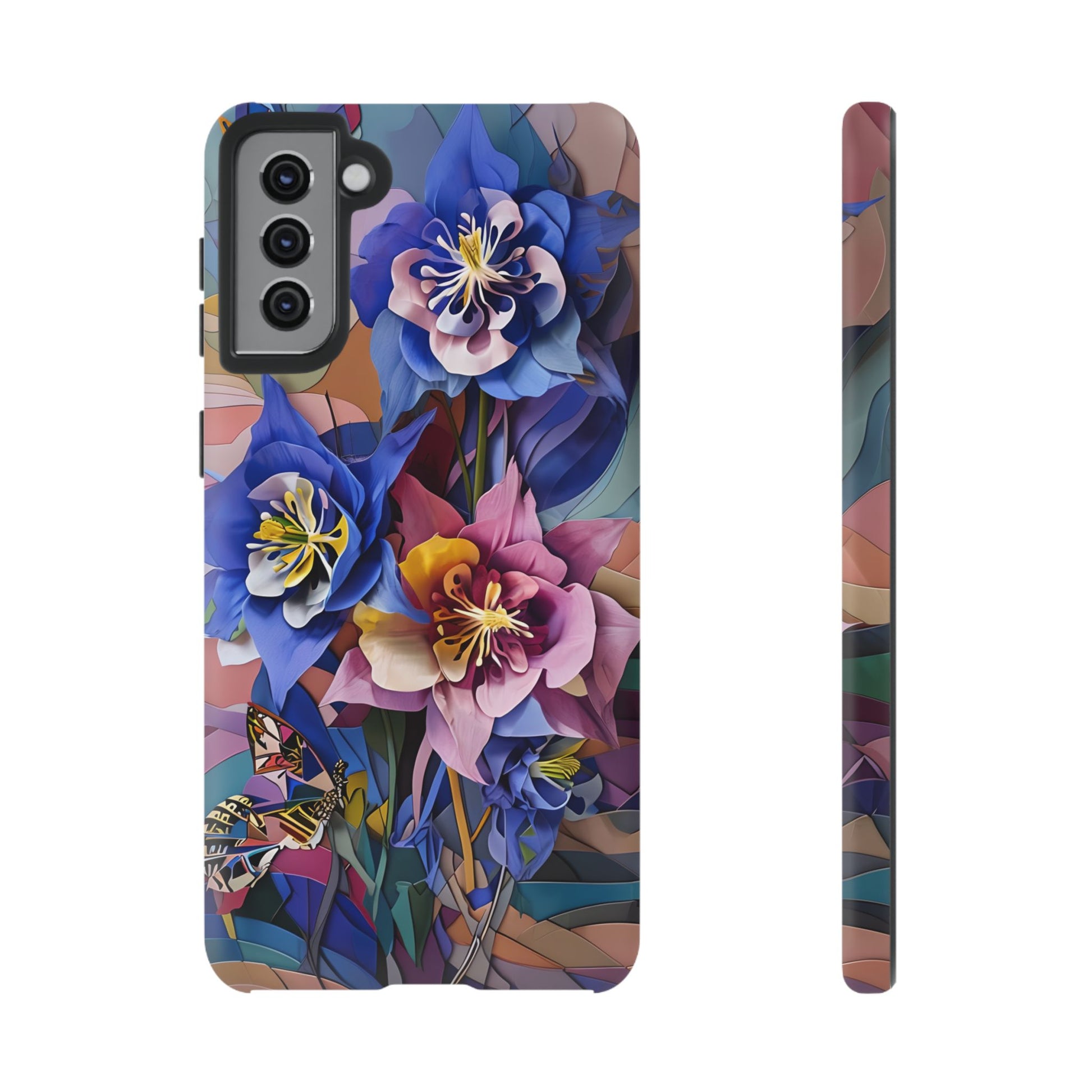 Blue Columbine Carnivale - Artistic Floral & Butterfly Samsung S21 Plus Tough Phone Case - Vibrant Botanical Design