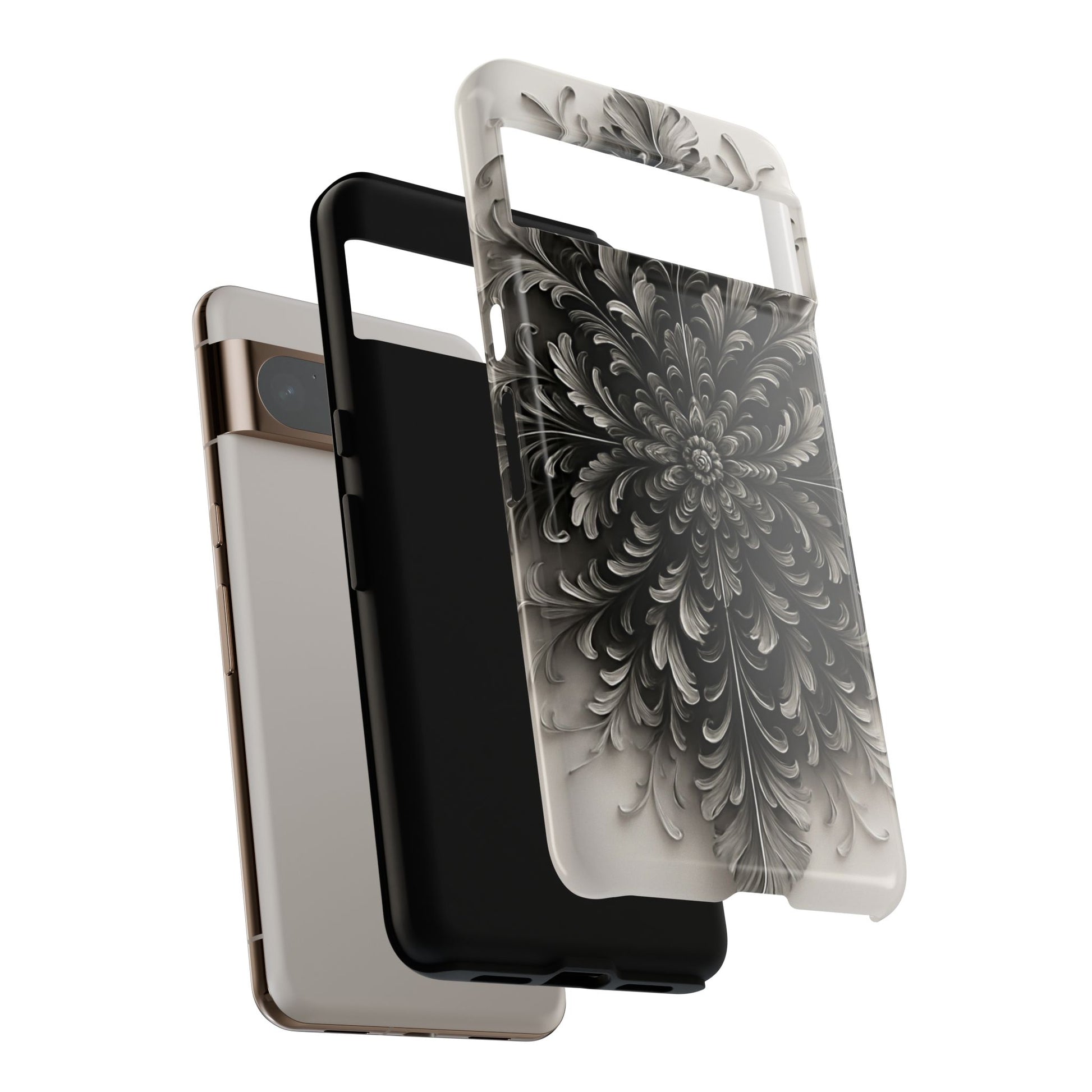 Obsidian Bloom shockproof dual layer Google Pixel phone case with black floral mandala design