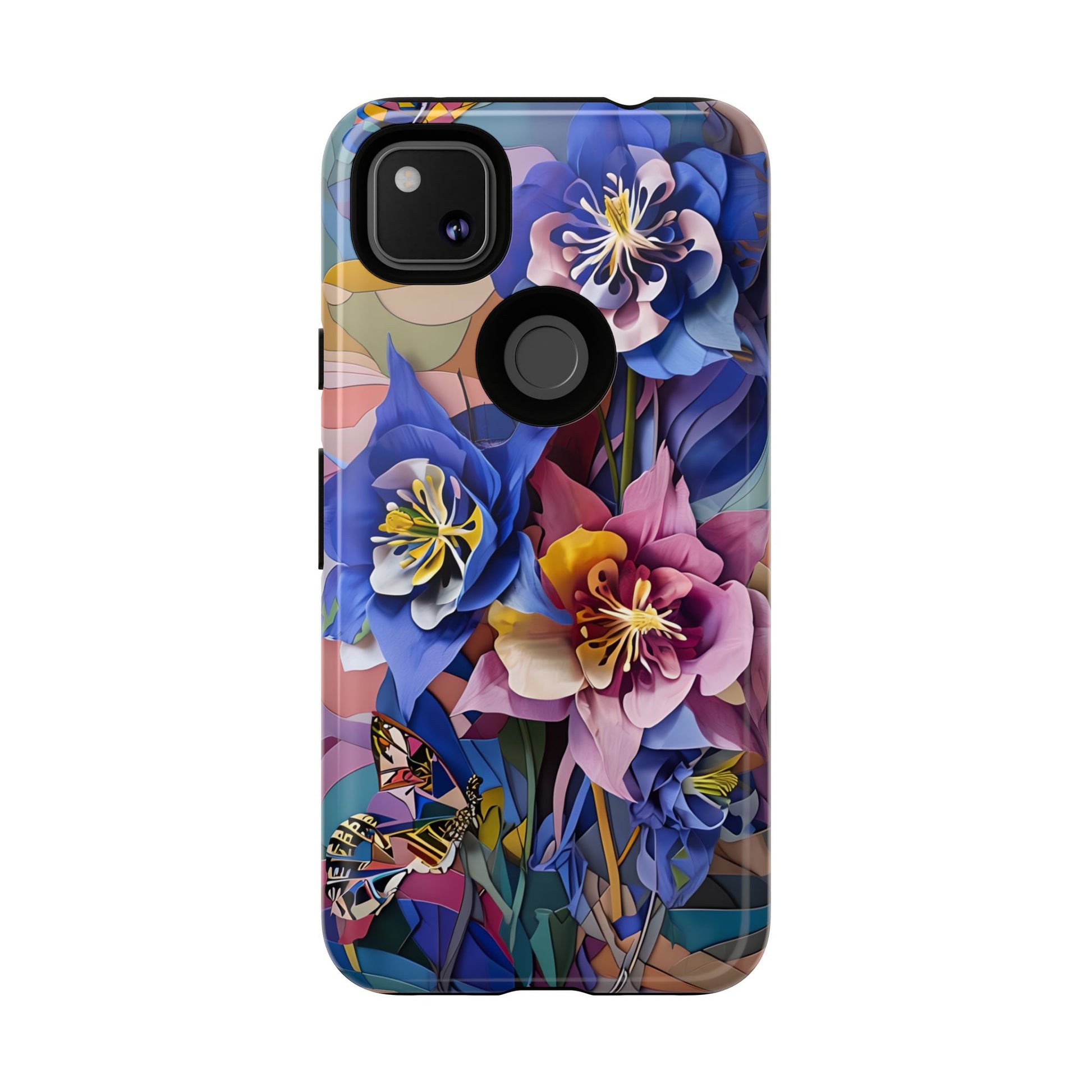 Blue Columbine Carnivale - Artistic Floral & Butterfly Google Pixel 4a Tough Phone Case - Vibrant Botanical Design