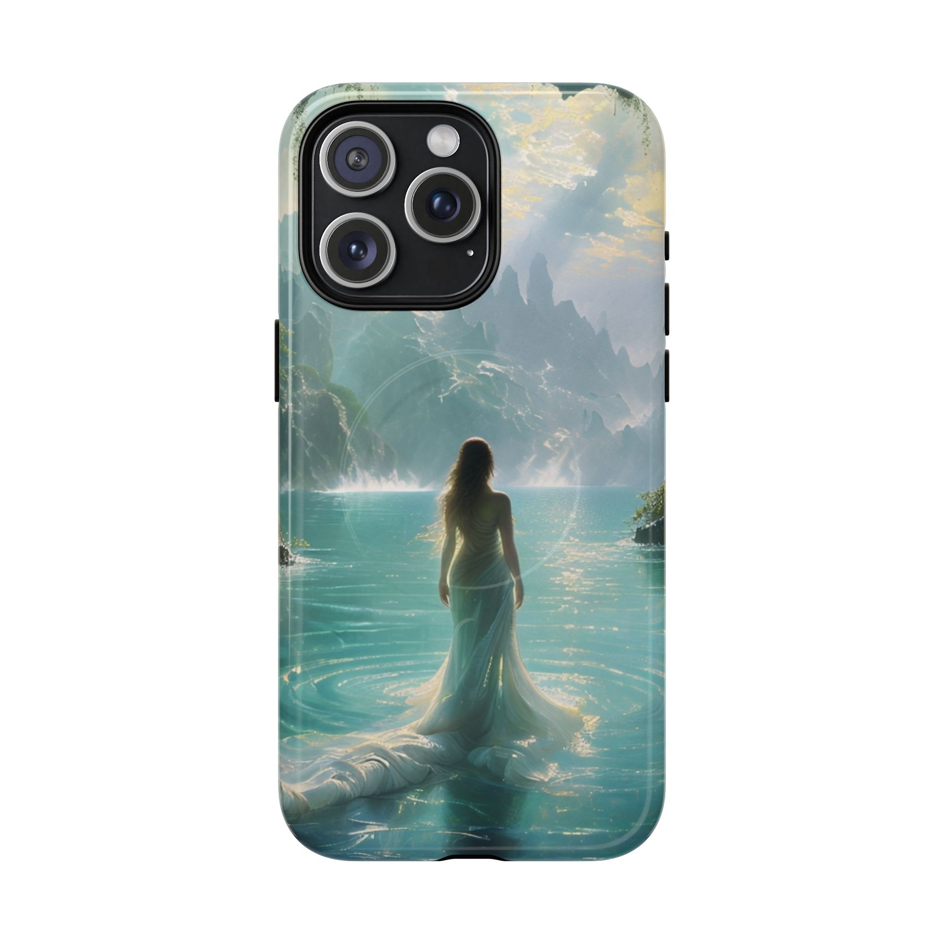 Celestial Tides - Dreamscape Art iPhone 15 Pro Max MagSafe Phone Case -Ethereal Woman & Fantasy Landscape Design