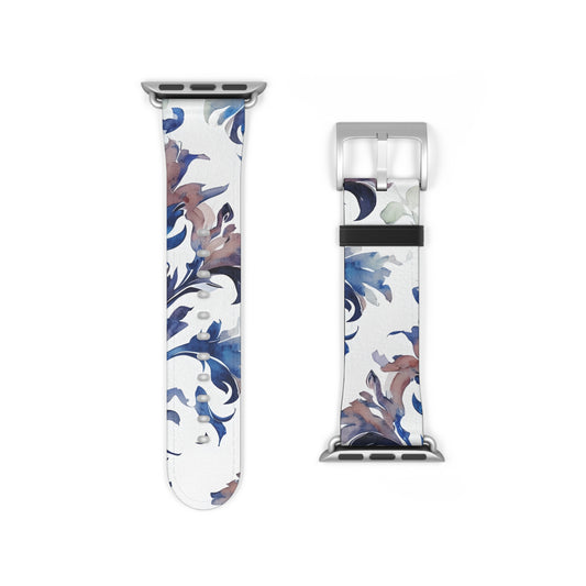 Delft Reverie Apple Watch band strap with silver clasp showing detailed blue and white Delft floral pattern