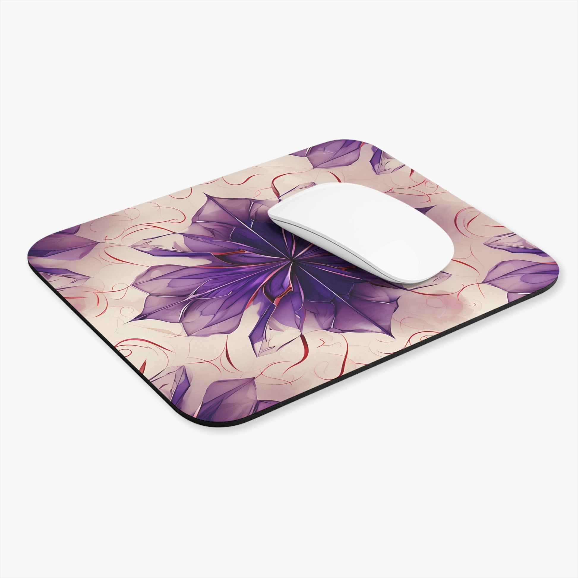 Violet Reverie mouse pad in workspace with mouse showing vibrant violet flower design