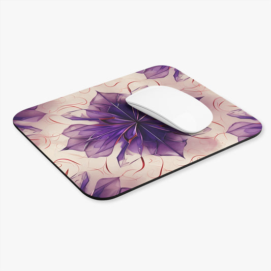 Violet Reverie mouse pad in workspace with mouse showing vibrant violet flower design