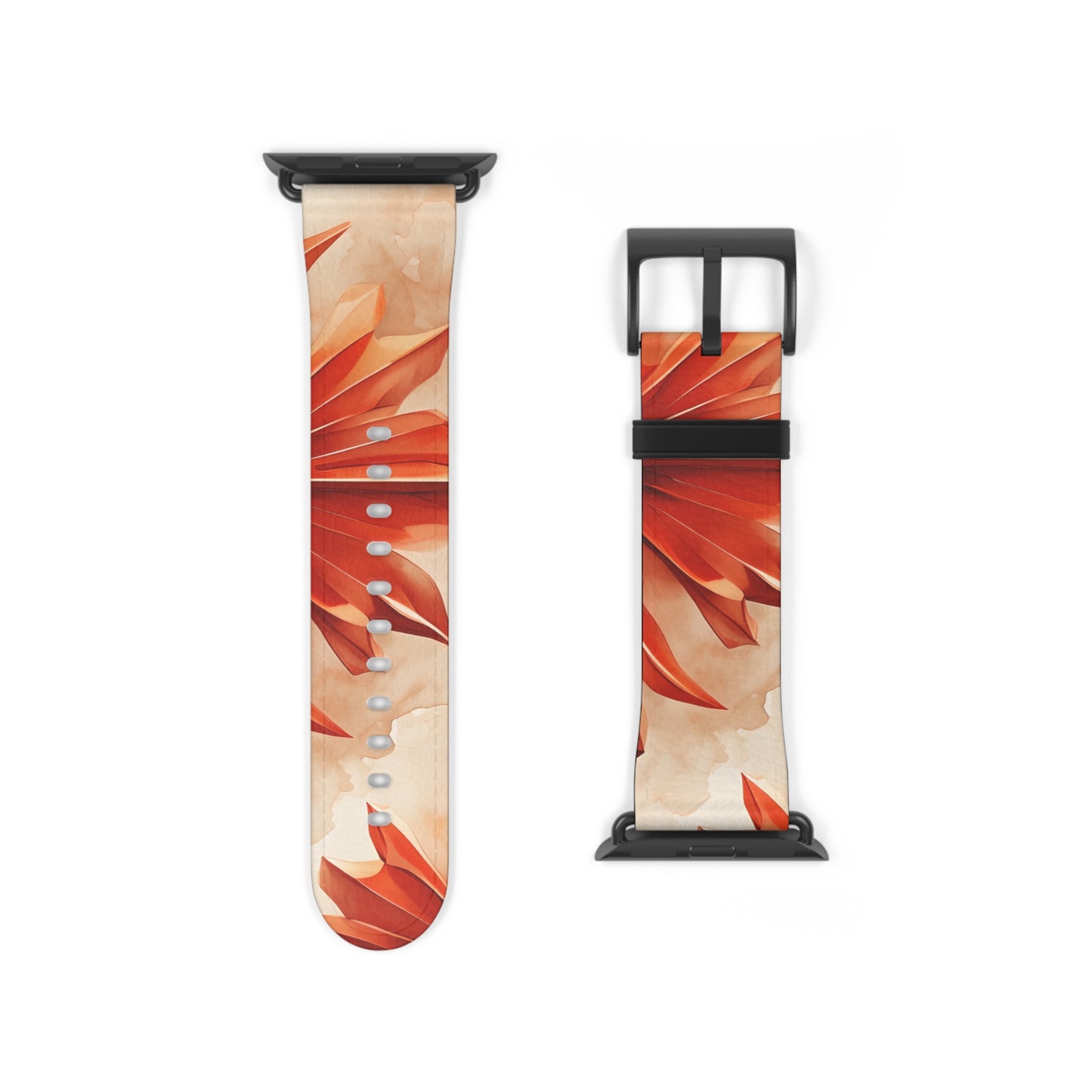 Sunset Fleur Apple Watch band strap with black clasp displaying bold orange floral design with warm sunset tones
