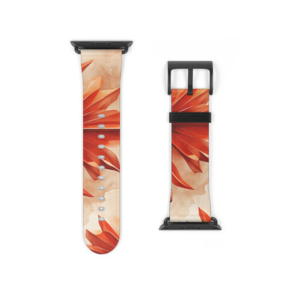Sunset Fleur Apple Watch band strap with black clasp displaying bold orange floral design with warm sunset tones