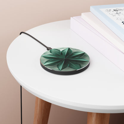 Emerald Bloom emerald green floral mandala art Qi wireless charger on bedside table with books