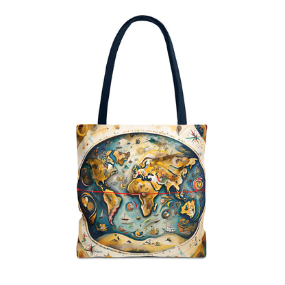 Celestial Map canvas tote bag featuring detailed celestial star chart artwork with navy handles
