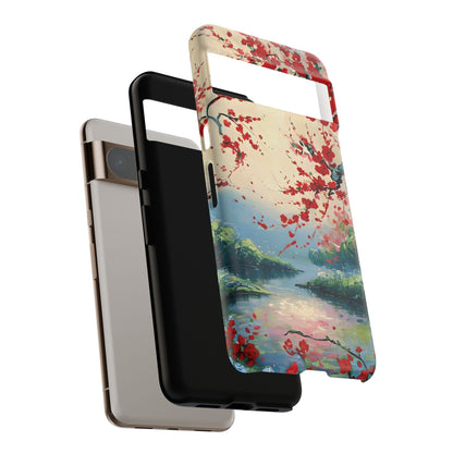 Crimson Blossom Lake - Artistic Floral Landscape Google Pixel 6 Tough Phone Case - Red Cherry Blossoms & Serene Lake Design