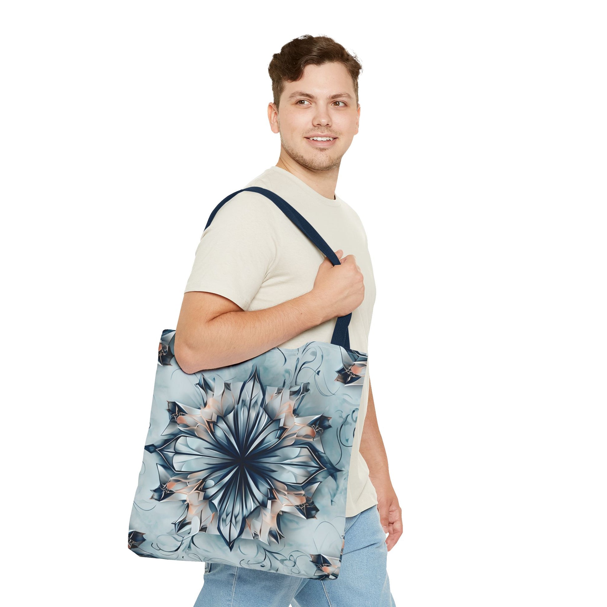 Indigo Mirage Tote Bag (16x16 & 18x18)- Dreamy Blue Kaleidoscope Design in Reusable Poly Canvas, Artistic Eco-Friendly Shopping Bag
