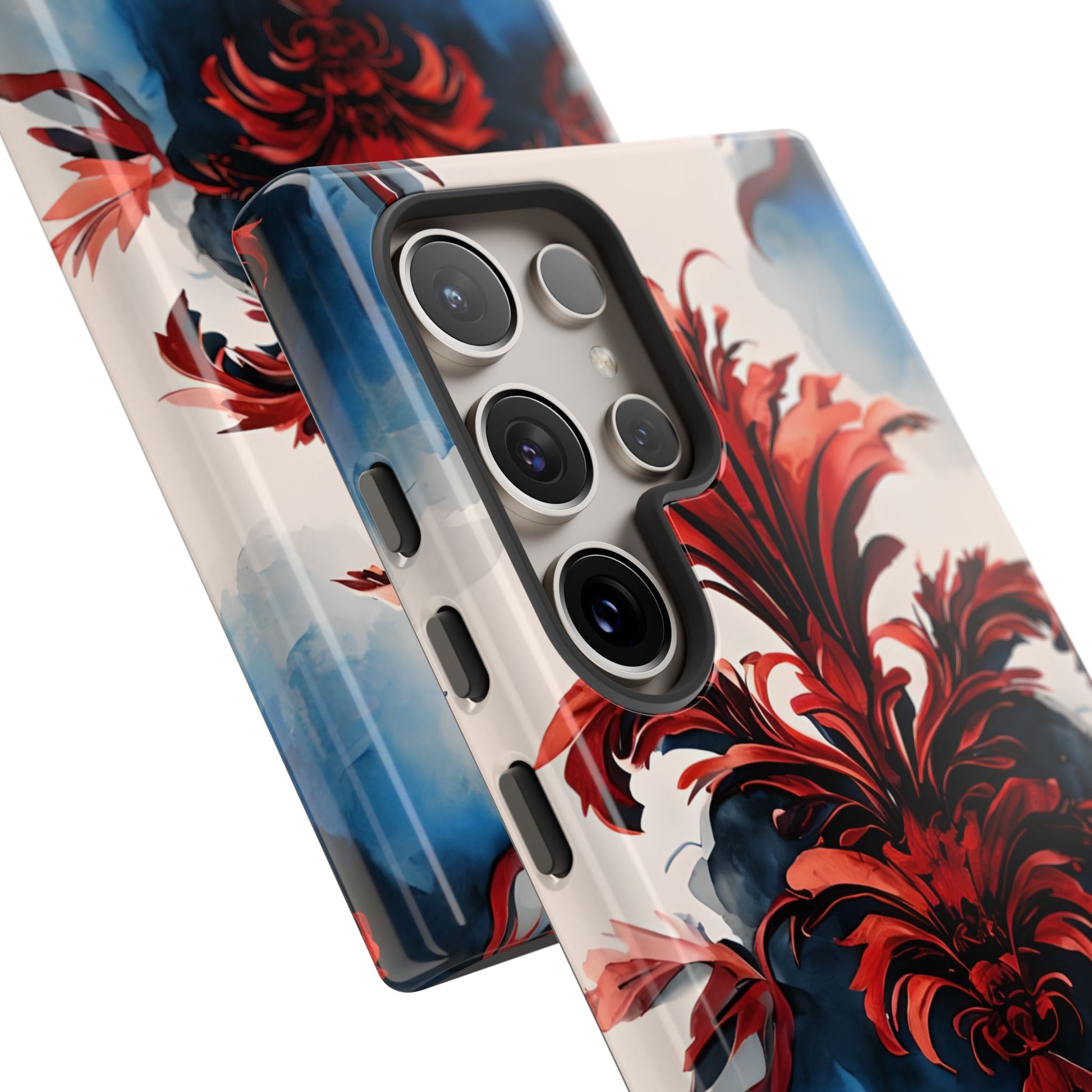 Crimson Plume - Bold Artistic Feather Samsung Galaxy S24 Ultra Tough Phone Case - Dramatic Red & Blue Design