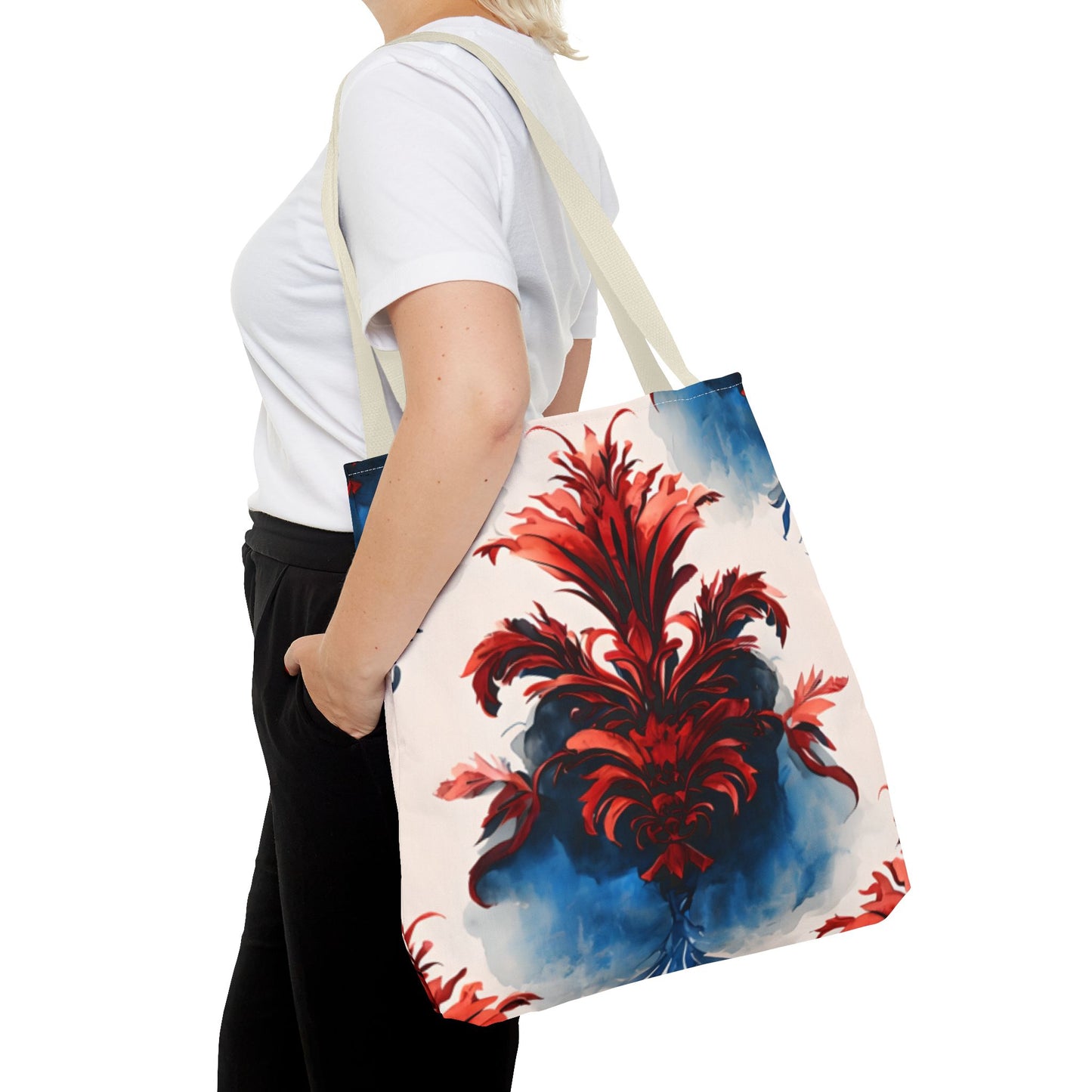 Crimson Plume Tote Bag (16x16 & 18x18)- Bold Abstract Floral in Red and Blue, Reusable & Eco-Friendly