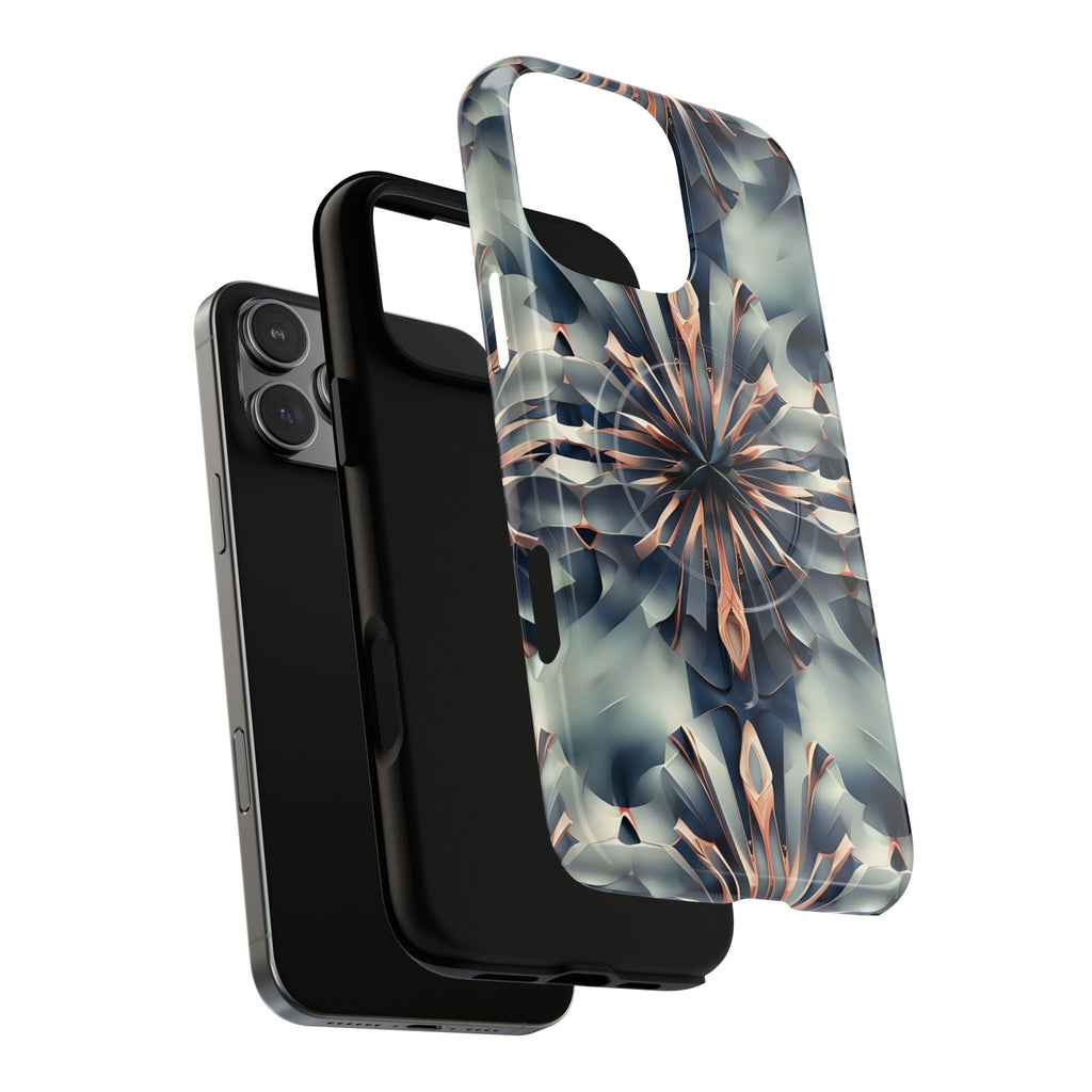 Obsidian Kaleidoscope Artistic Floral Burst - iPhone 16 Pro Max MagSafe Phone Case -Blue, Peach and Silver Symmetrical Design