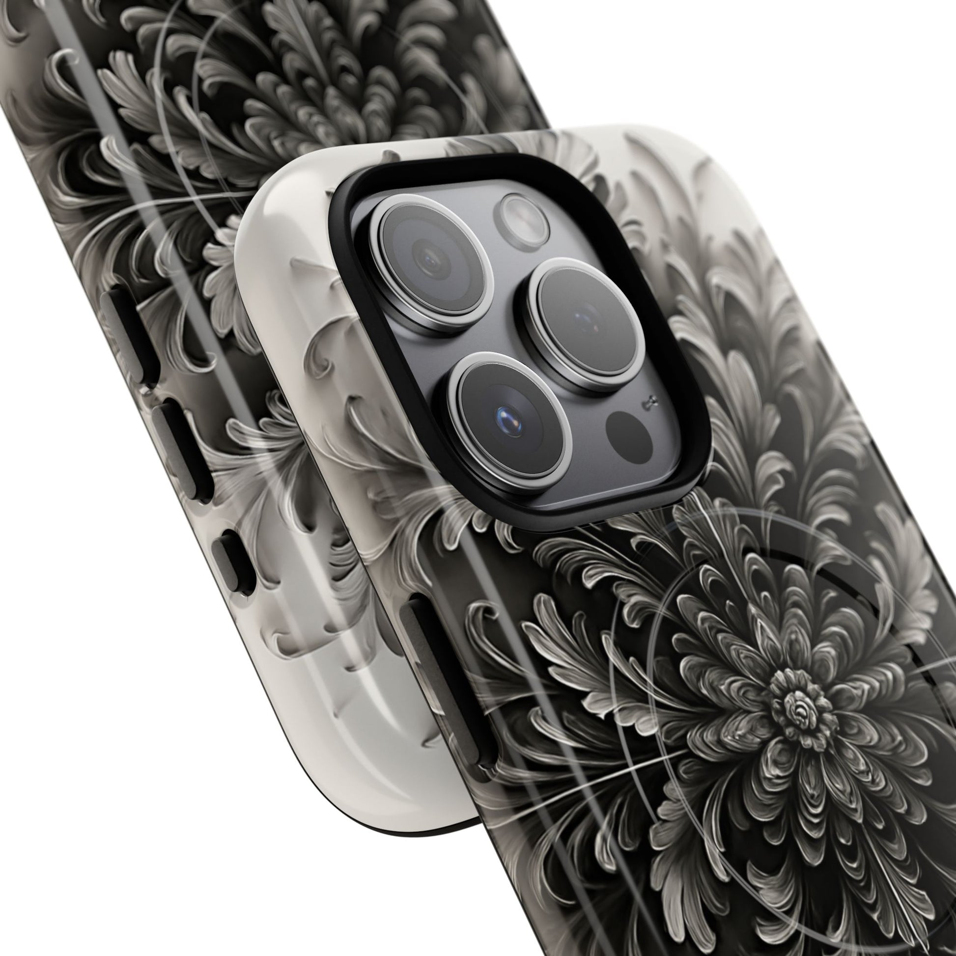 Obsidian Bloom - Elegant Black & White iPhone 15 Pro MagSafe Phone Case - Intricate Mandala Flower Design