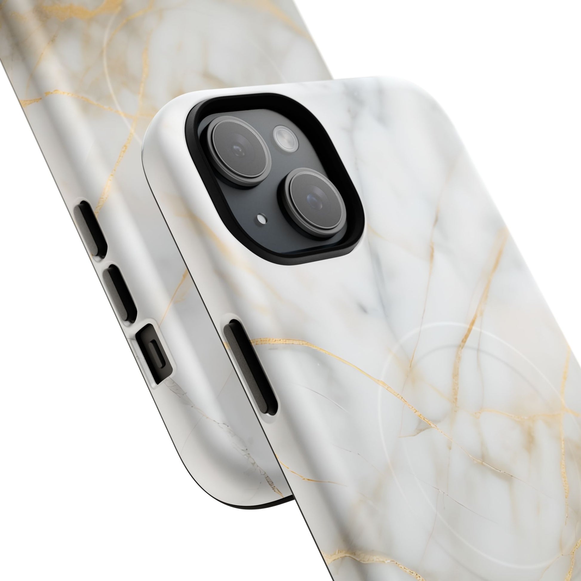 Golden Vein iPhone 15 Plus MagSafe Phone Case -White Neutral Marble Design