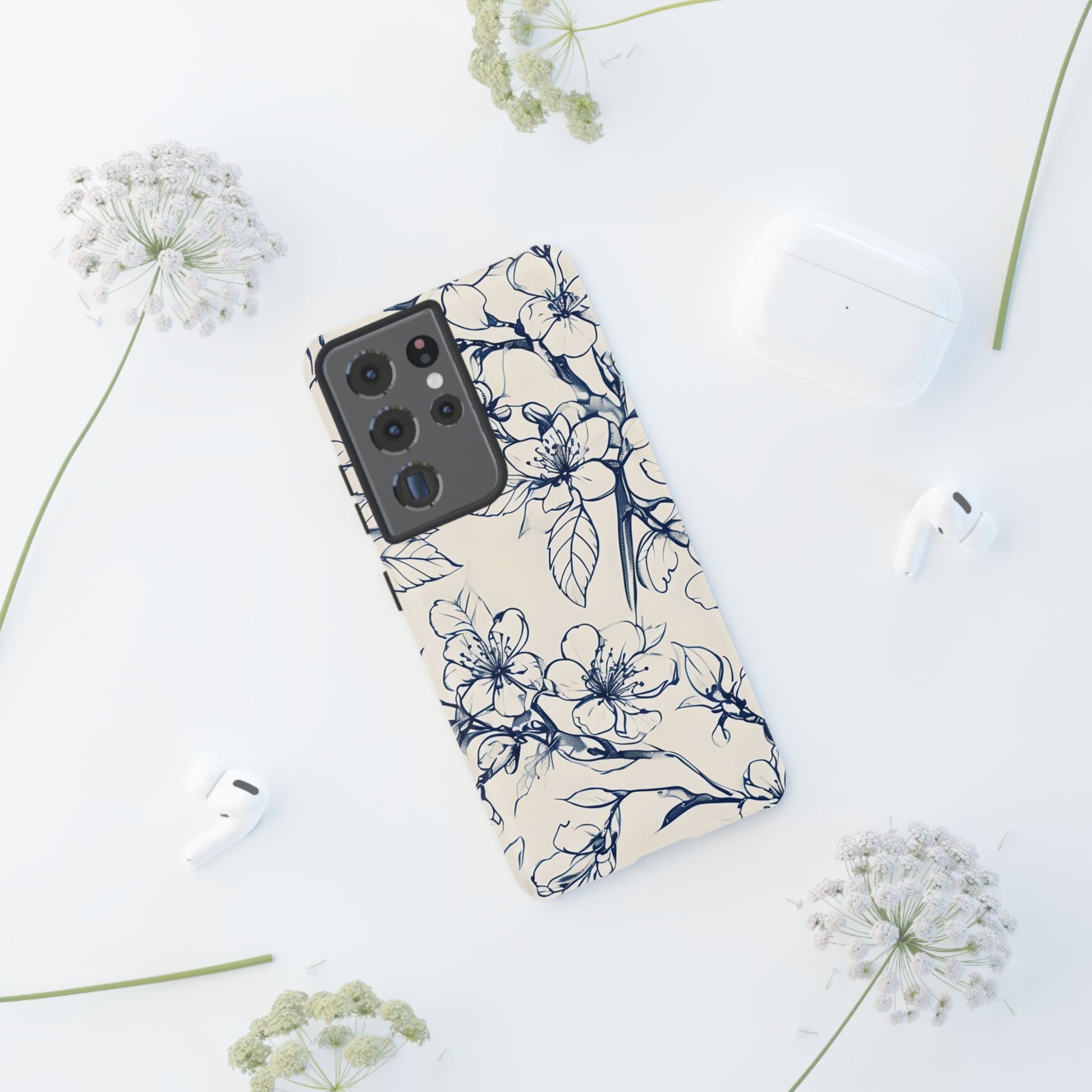 Blossom Sketch - Artistic Blue Floral Samsung Galaxy S21 Ultra Tough Phone Case - Hand-Drawn Botanical Design