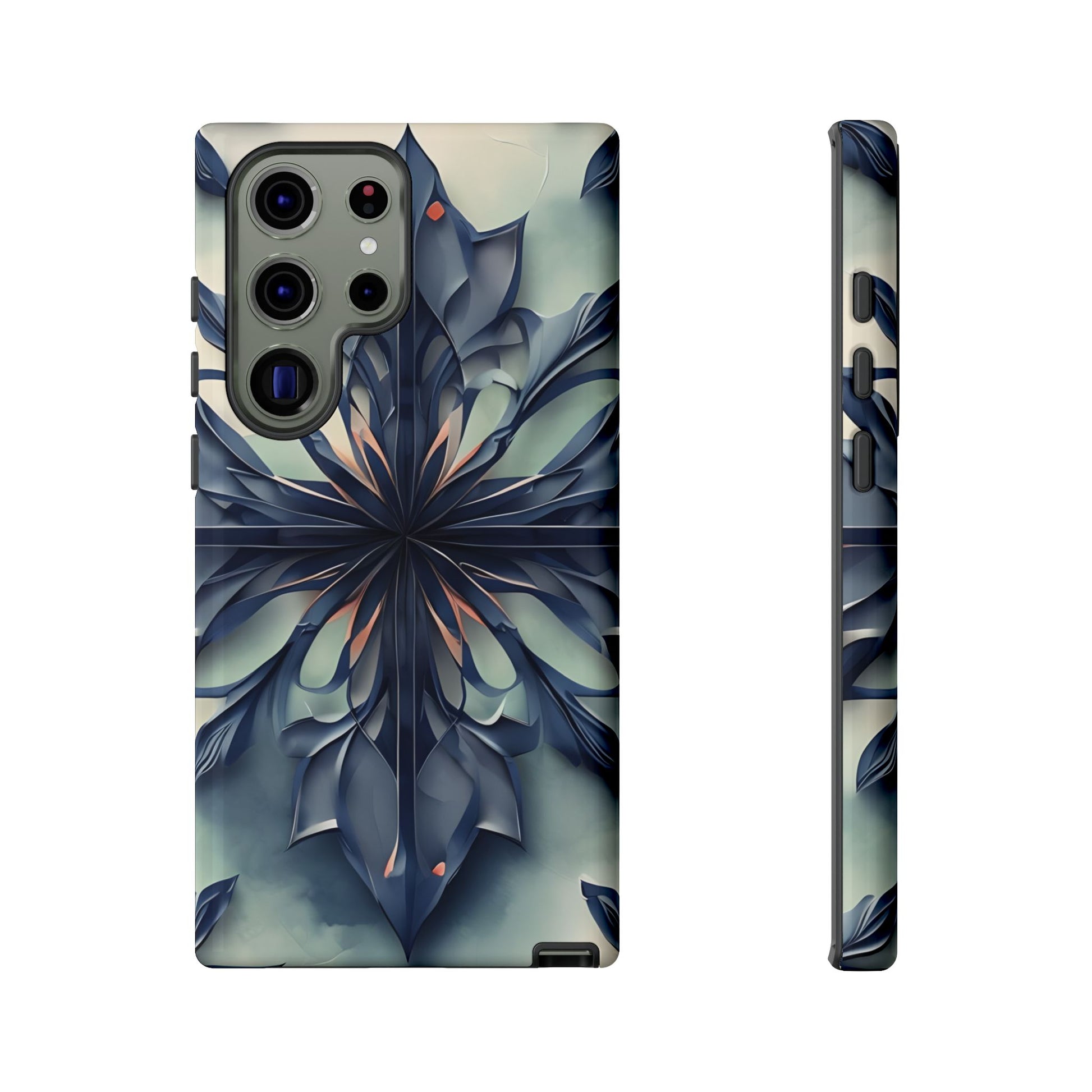 Frosted Indigo Bloom Samsung Galaxy tough case with icy blue abstract floral design, back and side view