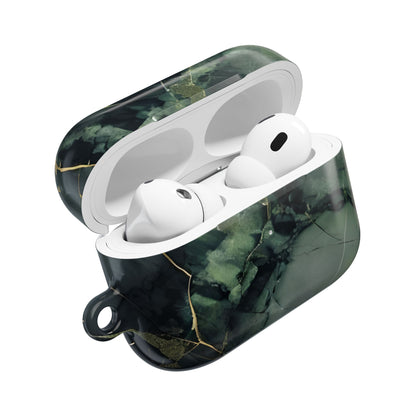 Verdant Vein AirPods case open showing protective cover with green marble and gold veining artwork