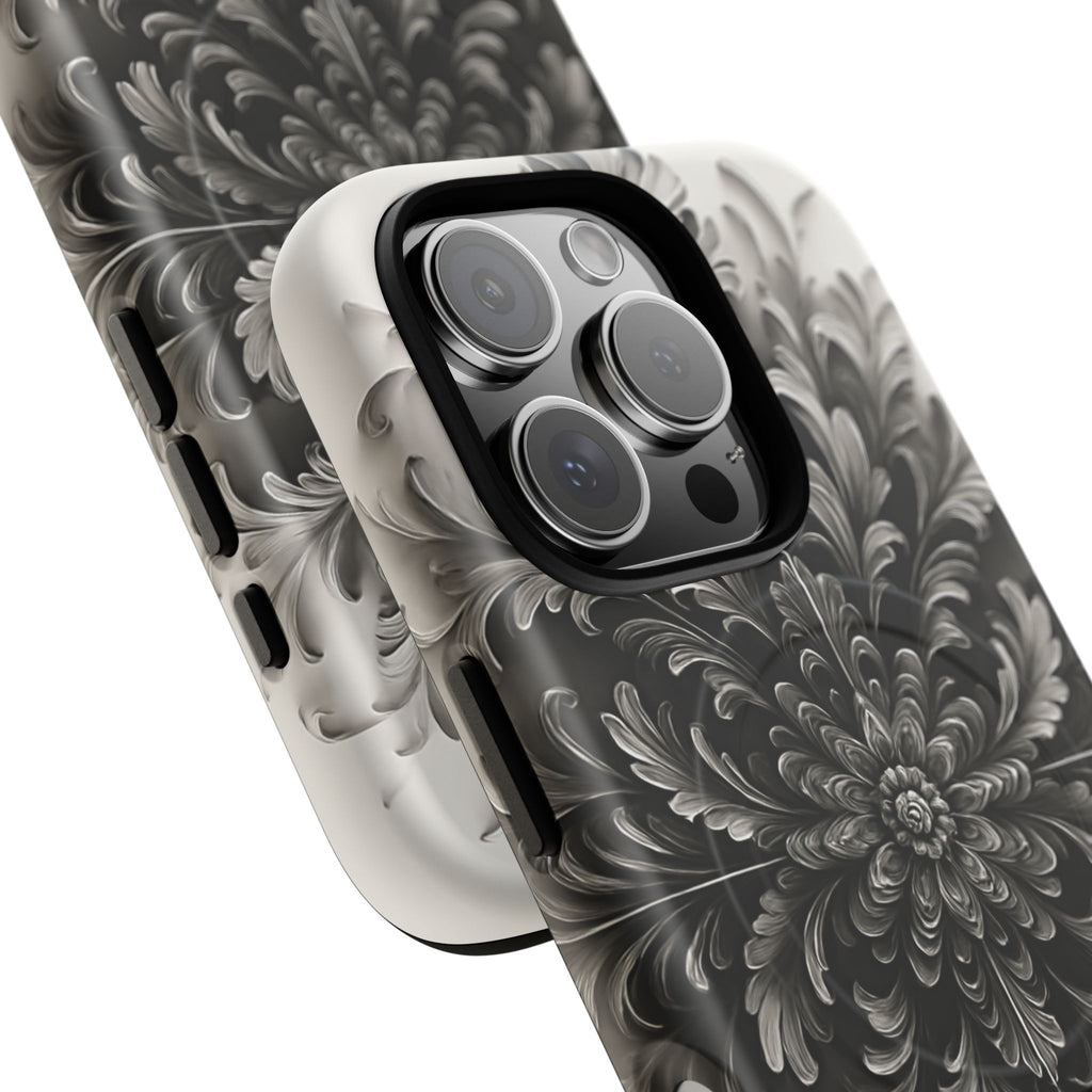 Obsidian Bloom - Elegant Black & White iPhone 16 Pro MagSafe Phone Case - Intricate Mandala Flower Design