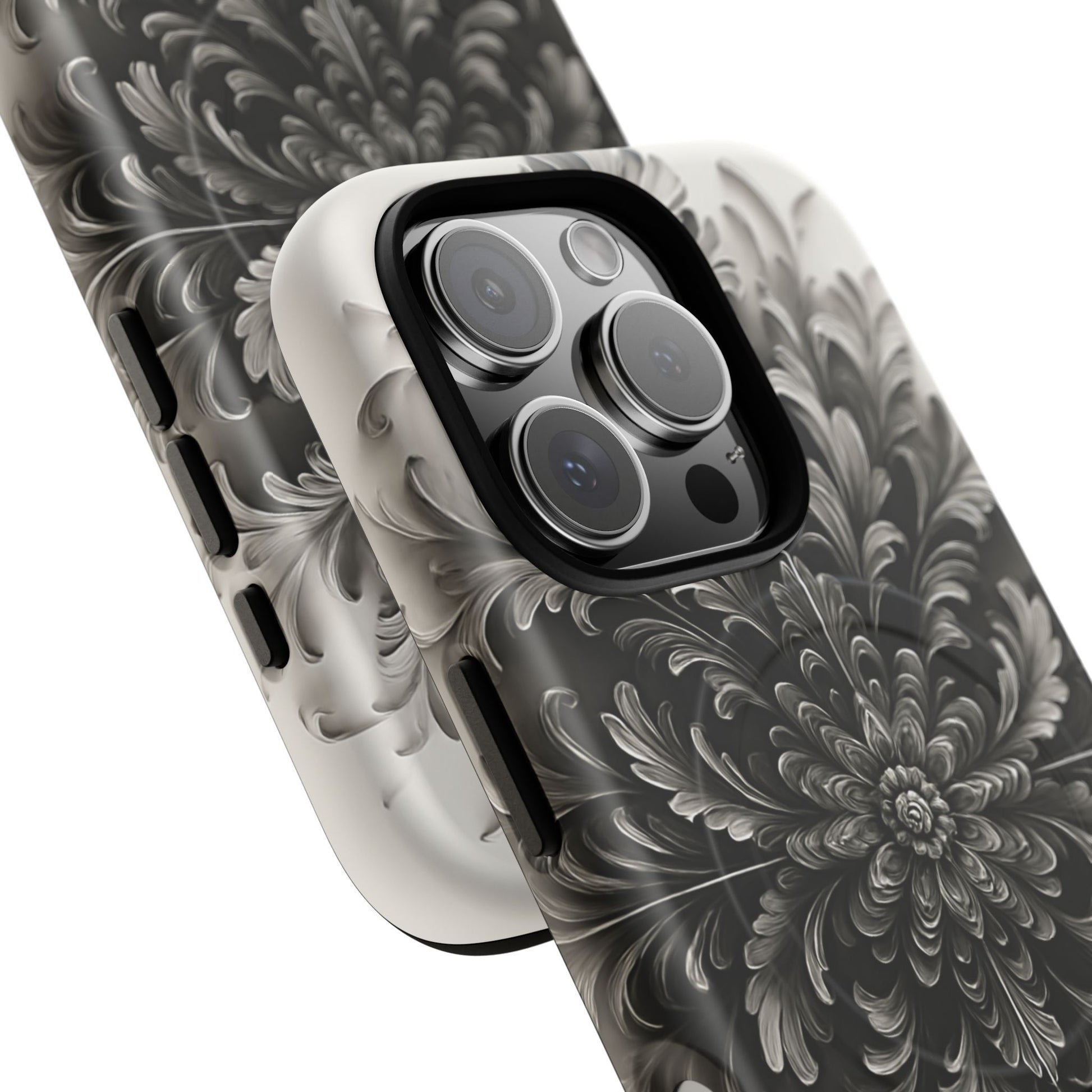 Obsidian Bloom - Elegant Black & White iPhone 16 Pro MagSafe Phone Case - Intricate Mandala Flower Design