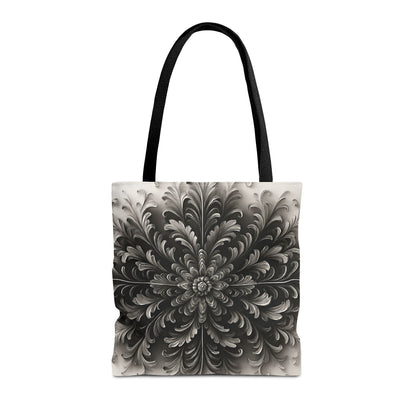 Obsidian Bloom canvas tote bag featuring dramatic black floral bloom artwork with black handles