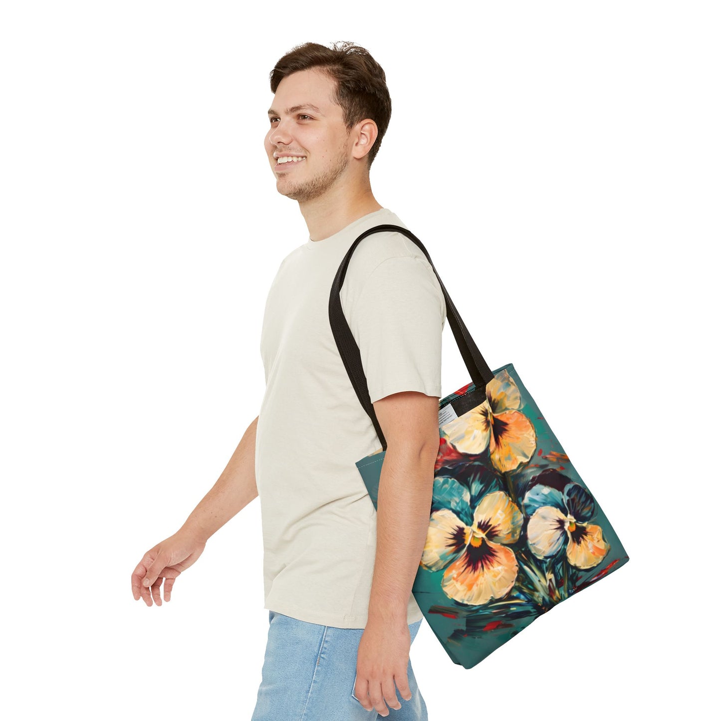 Golden Pansy Canvas Tote Bag (16x16 & 18x18) - Floral Design with Deep Teal Background, Eco-Friendly Shopping Bag