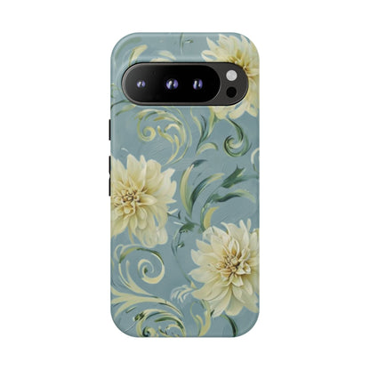 Golden Dahlia Trio - Elegant Floral Google Pixel Tough Phone Case - Artistic White & Blue Dahlia Design
