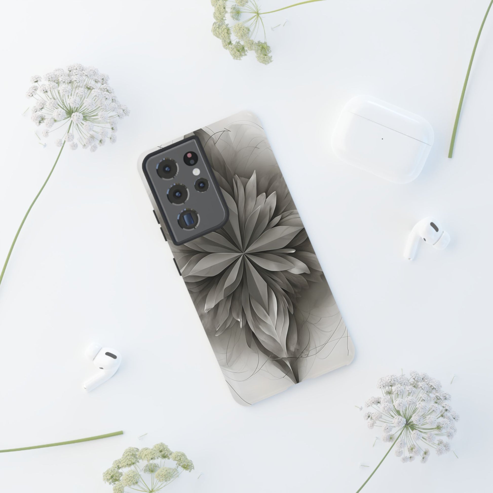 Silver Lotus - Elegant Monochrome Floral Samsung Galaxy S21 Ultra Tough Phone Case - Modern Lotus Design