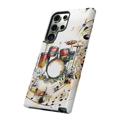 Beatline Samsung Galaxy phone case angled view featuring artistic drum kit and abstract music graphics