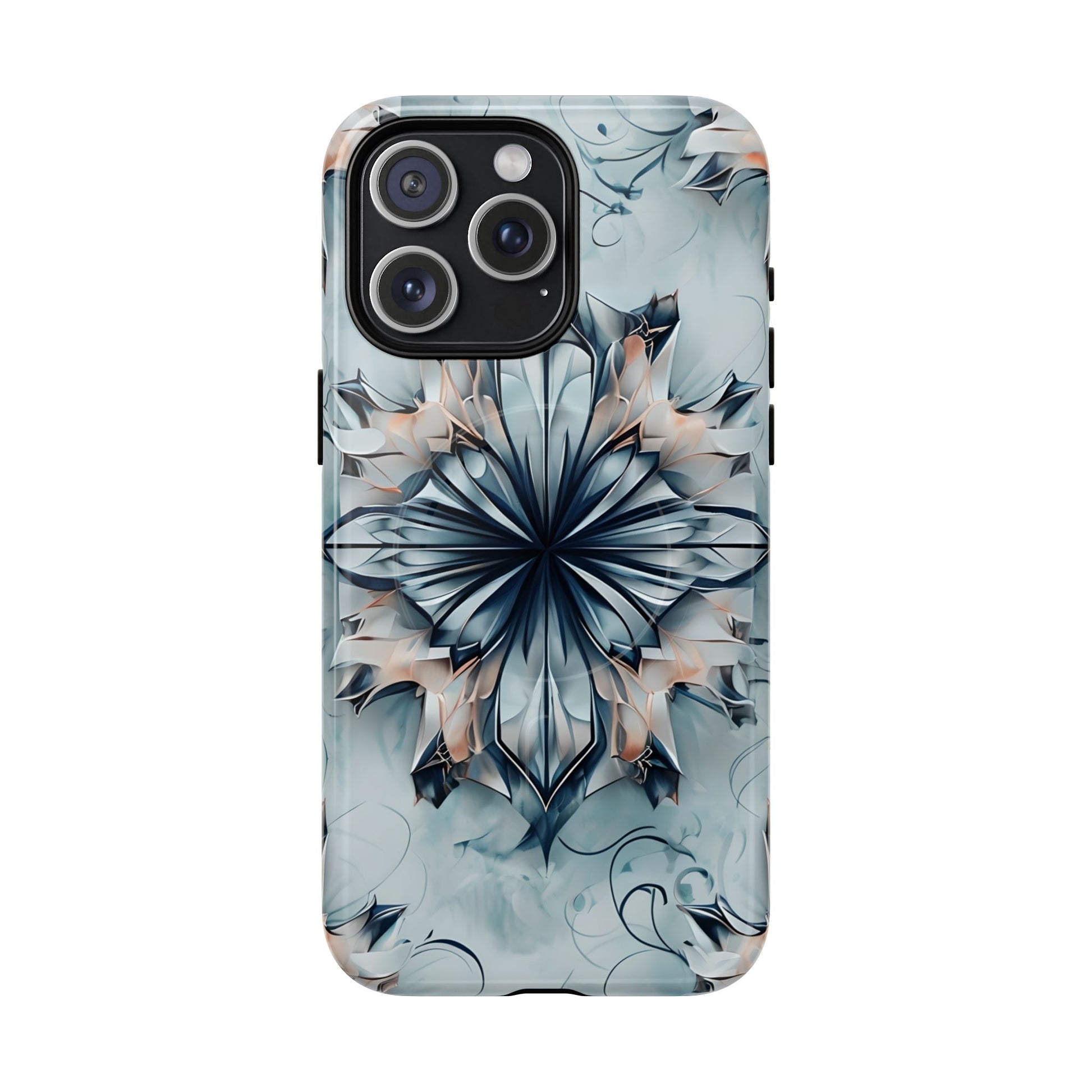 Indigo Mirage - Artistic Kaleidoscope Collection Artistic Floral - iPhone 15 Pro Max MagSafe Phone Case -Bold Indigo Symmetrical Design