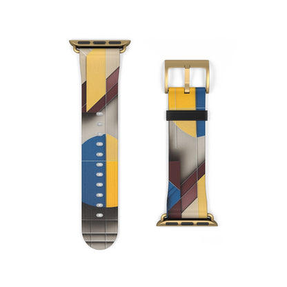 Chromatic Construct Apple Watch band strap with gold clasp featuring striking abstract geometric artwork in blue and gold