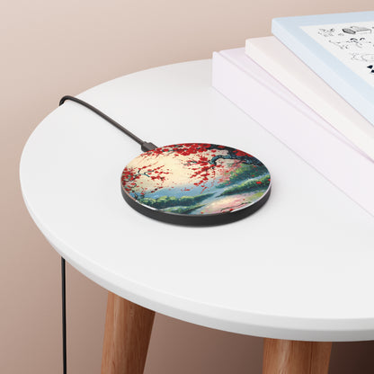 Crimson Blossom Lake scenic blossom landscape Qi wireless charger on bedside table with books