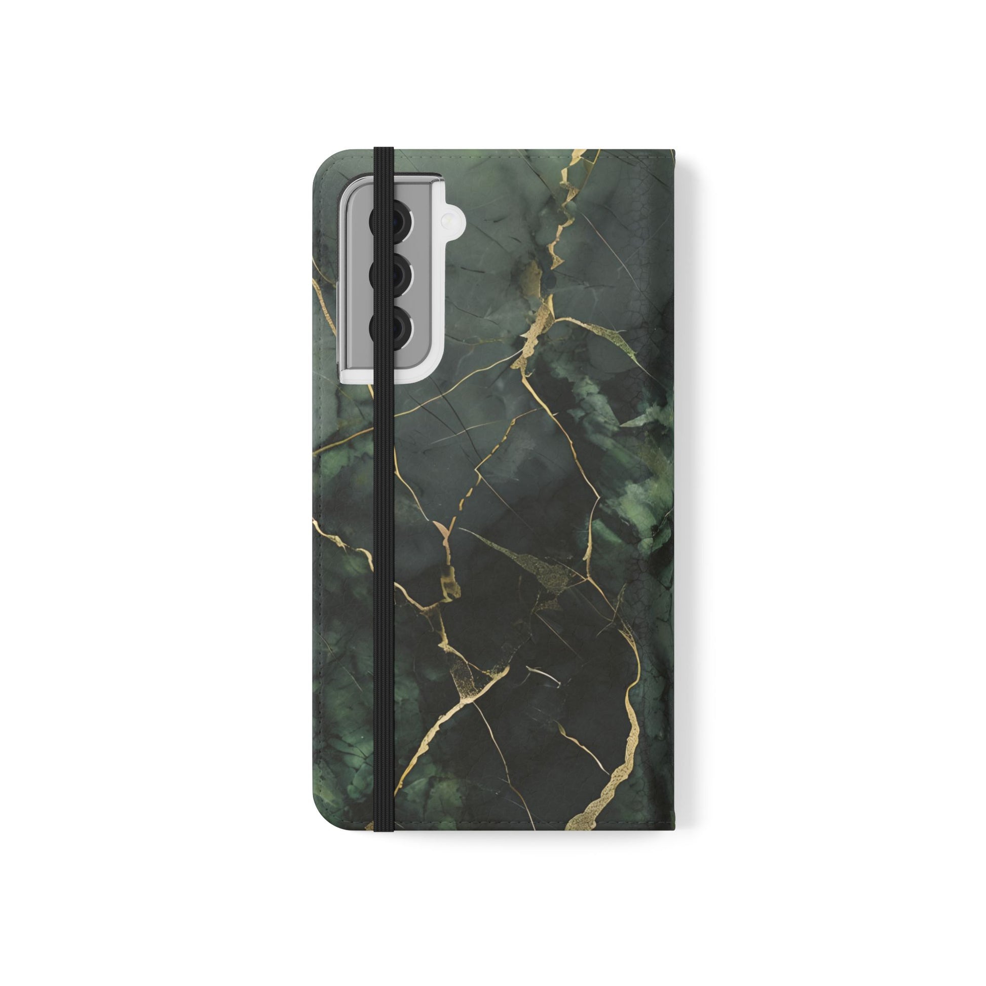 Verdant Vein - Flip Phone Case for Samsung Galaxy S21 - Green and Gold Marble Design