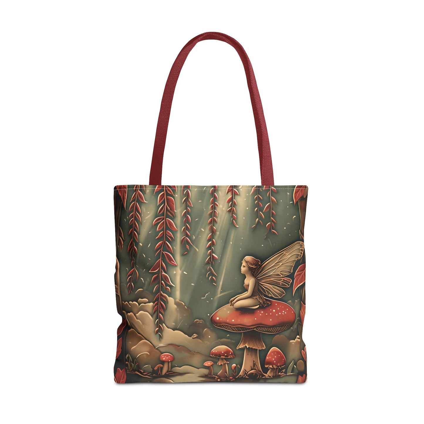 Willow Whisper Tote Bag (16x16 & 18x18)- Enchanted Woodland Scene with Red Handles, Reusable & Eco-Friendly Canvas