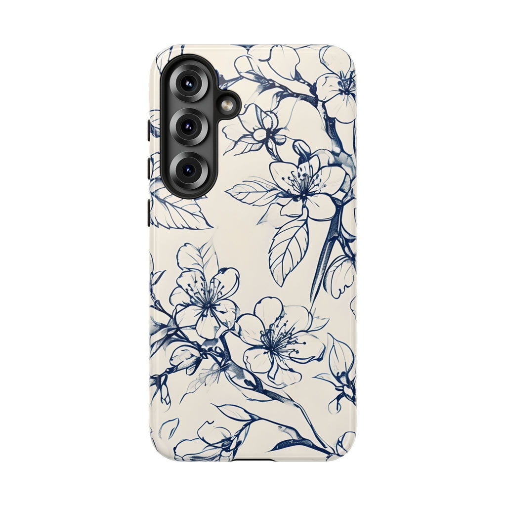 Blossom Sketch - Artistic Blue Floral Samsung Galaxy S25 Plus Tough Phone Case - Hand-Drawn Botanical Design
